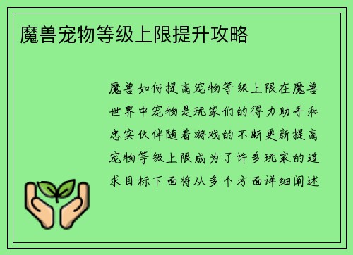 魔兽宠物等级上限提升攻略